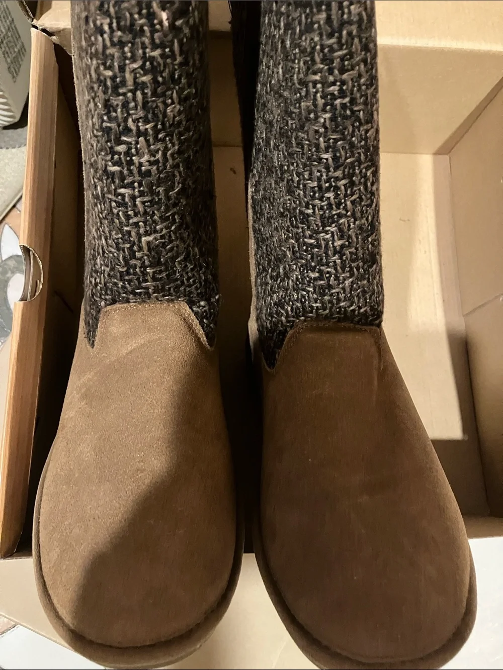 BearPaw Tan Suede and Charcoal Knit Winter Boots
